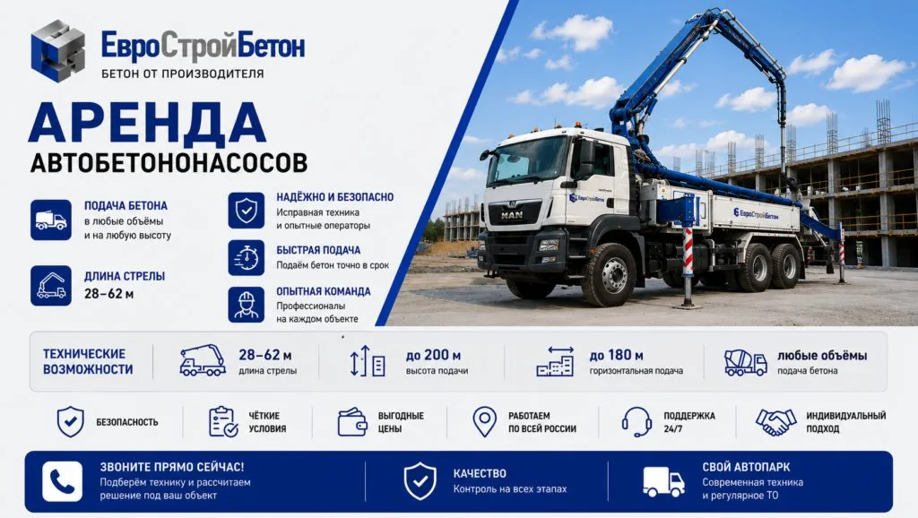 Работа автобетононасоса с длинной стрелой на объекте строительства в Истринском районе от компании ЕвроСтройБетон