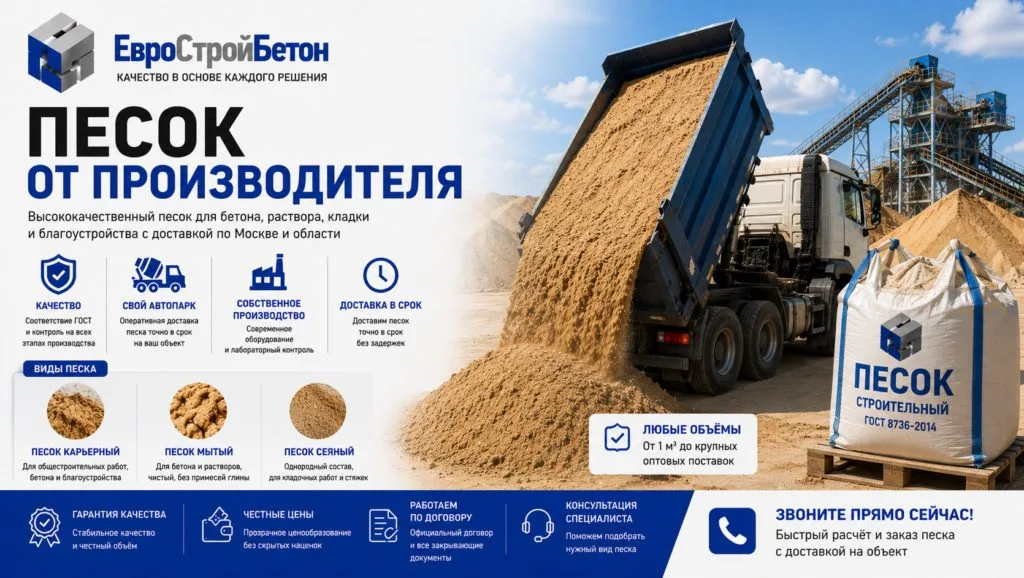Отгрузка песка строительного из самосвала (тонара) на объекте с гарантией объема от ЕвроСтройБетон