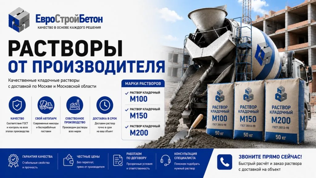 Доставка кладочного и строительного раствора М100, М150, М200 миксерами от завода ЕвроСтройБетон