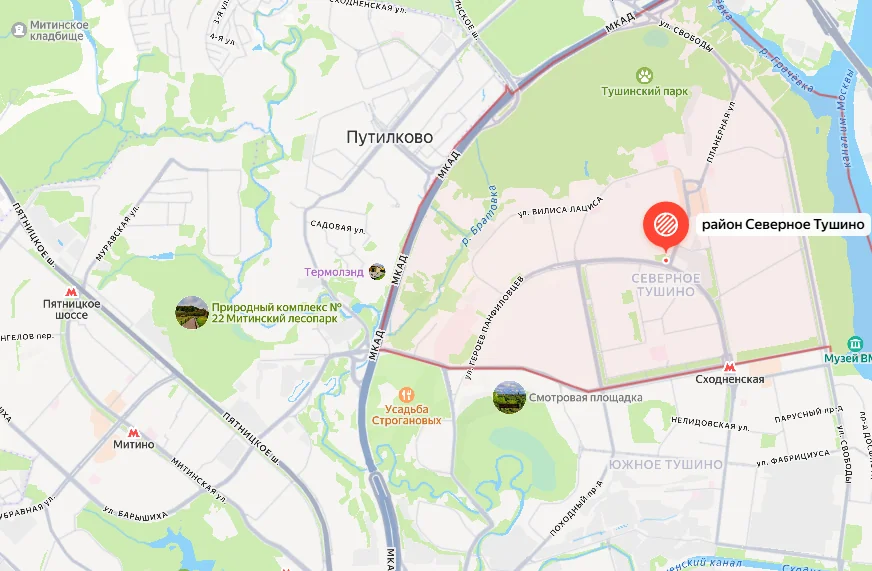Карта зоны доставки бетона в Тушино, Митино и Строгино от заводов ЕвроСтройБетон в Снегирях