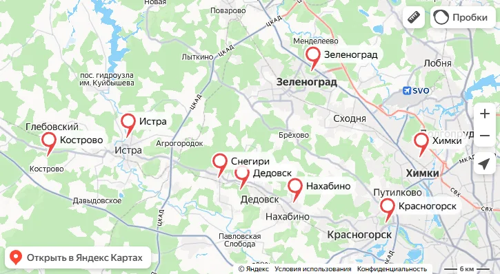 Область доставки бетона на карте северо-запада Московской области, открыть на Яндекс картах