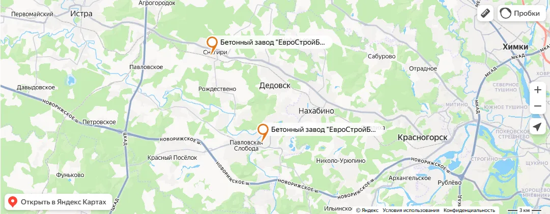 На карте видны точки расположения заводов ЕвроСтройБетон