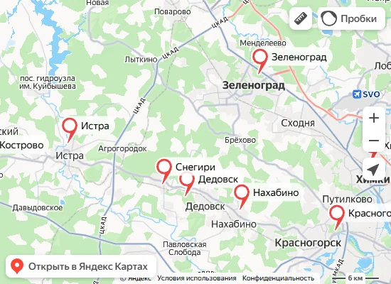 Карта зоны доставки бетона в Снегири, Рождествено и Лешково от заводов ЕвроСтройБетон в Истринском районе